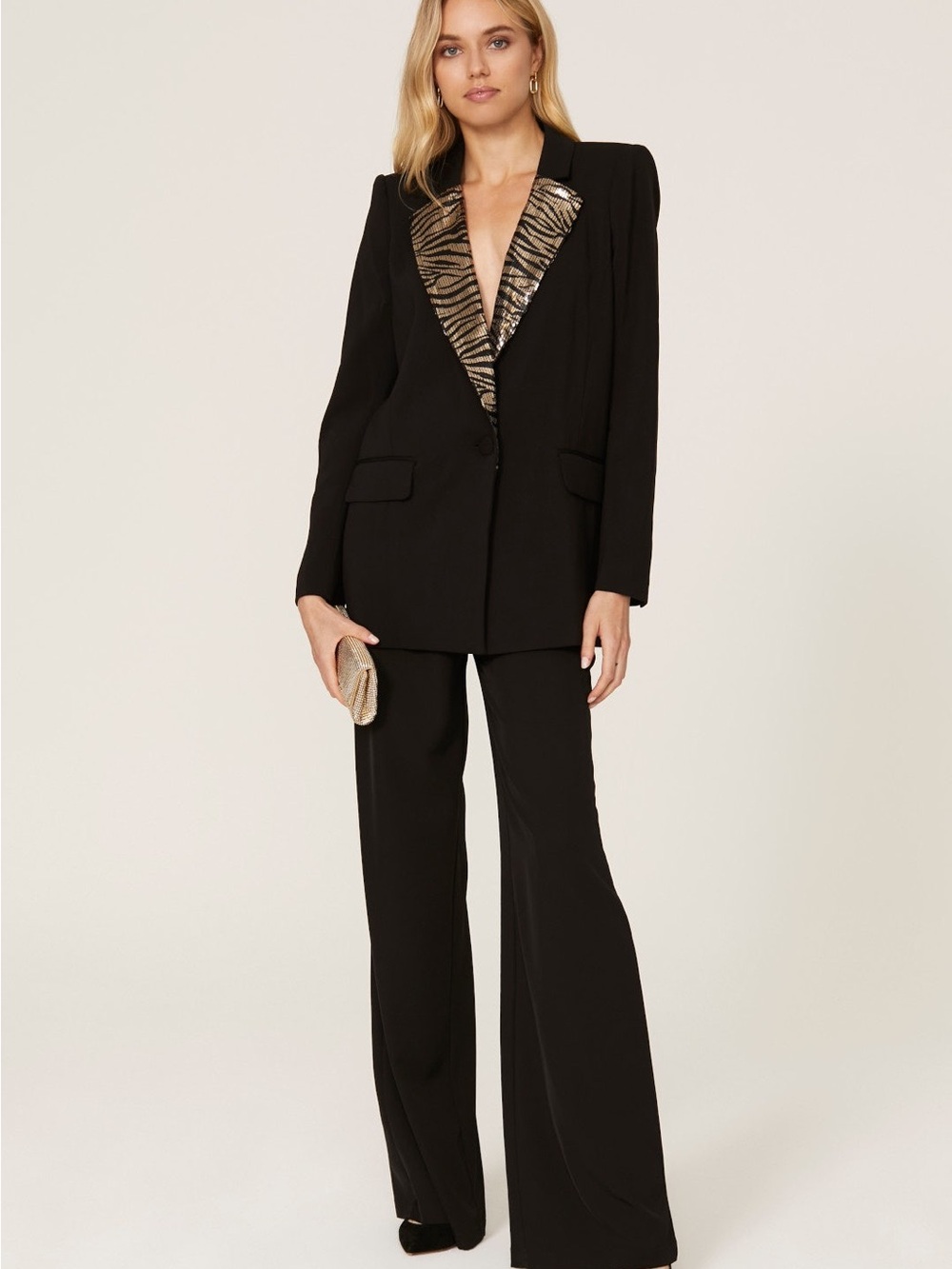 Badgley Mischka Black Wide-Leg Trousers with Animal-Print Lapel Blazer